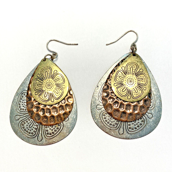 Boho Pierced Earrings Huge Embossed Teardrops Gold Silver Copper Festival Chic - Picture 1 of 7